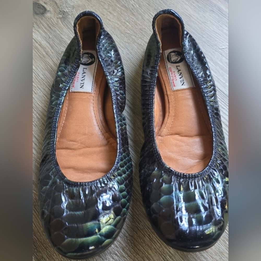 Lanvin Black and Green Python Embossed Leather Ballet Flats Size 37